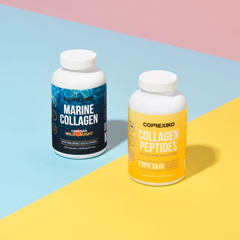 Marine Collagen과 Collagen Peptides 라벨이 붙은 두 개의 보충제 보틀 — 콜라겐과 크레아틴 병용에 대한 자주 묻는 질문