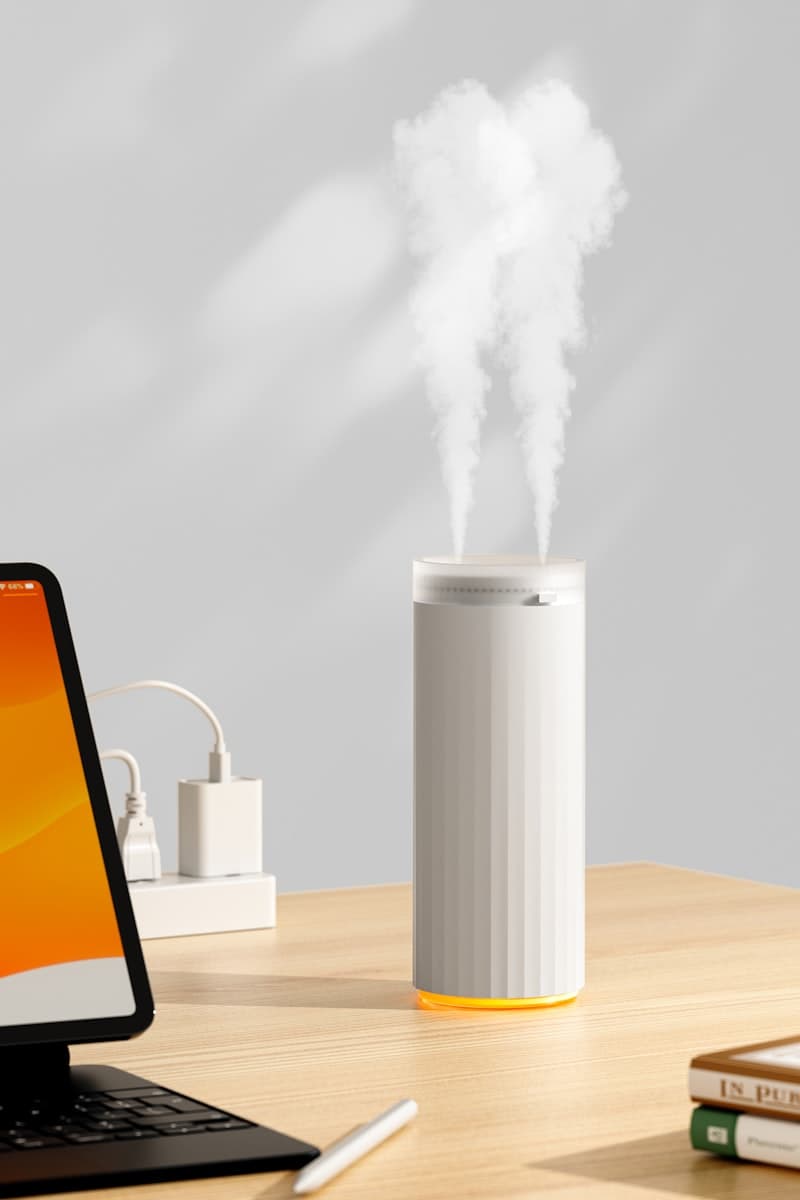 White humidifier emitting mist on a wooden desk — adding moisture to the air