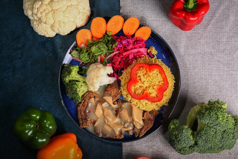 Balanced plate of nutritious food — healthy eating and protein safety