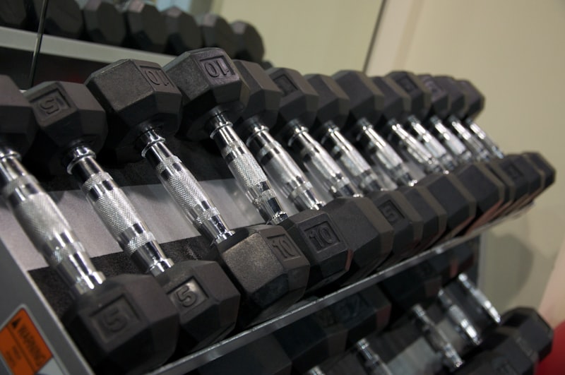 Dumbbells on a rack in a well-lit gym -- the foundational benefits of strength training